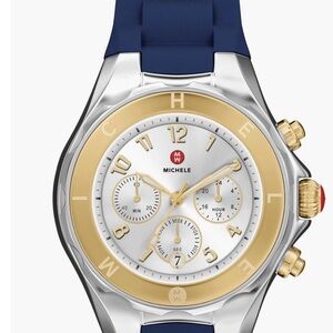 Michele Two-Tone Gold & Silver Chronograph Watch with Navy Strap